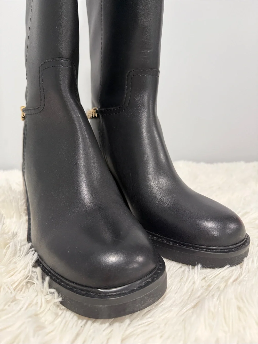 MICHAEL Michael Kors Black Leather Over-the-Knee Boots with Gold Chain Accent